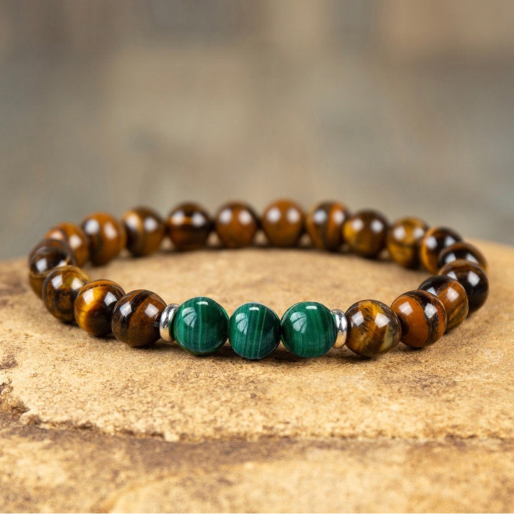 Malachite Tigers Eye Bracelet Gemstone Stretch Beaded Bracelet Unisex 28$